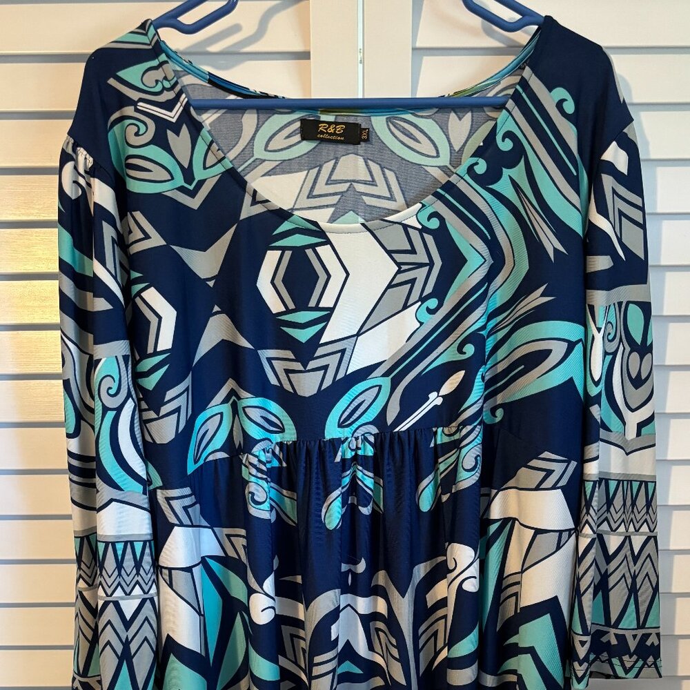 Blue and White Patterned Short Dress
